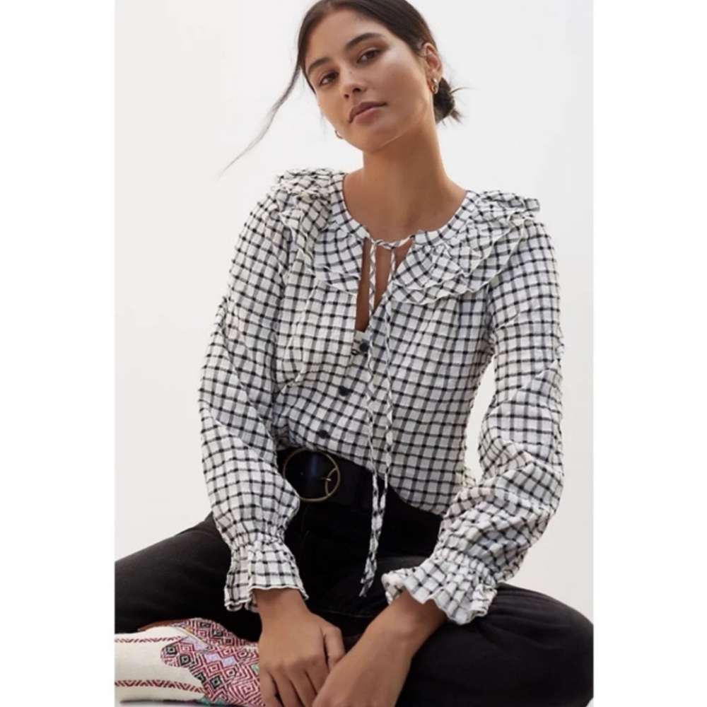 Maeve Anthropologie Plaid Ruffle Button Down Cottagecore Blouse
